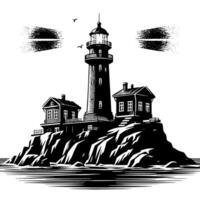 Black and White Illustration of a traditional old Lighthouse on the rocks vector