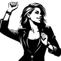 Black and White Illustration of a Woman in Business Suit is dancing and shaking in a Successful Pose vector