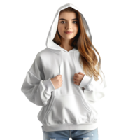 front model wearing white hoodie on isolated transparent background png