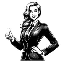 Black and White Illustration of a Woman in Business Suit is showing the Thumbs up Sign vector