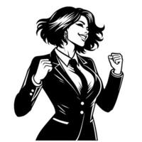 Black and White Illustration of a Woman in Business Suit is dancing and shaking in a Successful Pose vector