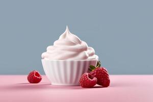 Pink raspberry yogurt in white cups against a blue background. photo