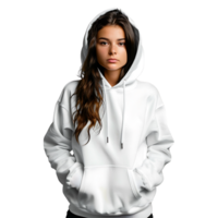 front model wearing white hoodie on isolated transparent background png