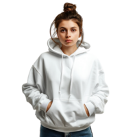 front model wearing white hoodie on isolated transparent background png