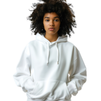 front model wearing white hoodie on isolated transparent background png