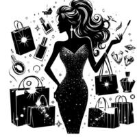 Black and white Illustration of a lucky luxurious Shopping Lady with Bags and Diamonds and Parfum vector