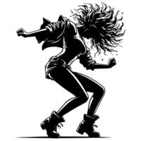 negro y blanco ilustración de un punk mujer es bailando y sacudida en un exitoso actitud vector