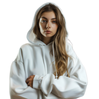 front model wearing white hoodie on isolated transparent background png