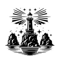 Black and White Illustration of a traditional old Lighthouse on the rocks vector