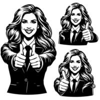 Black and White Illustration of a Woman in Business Suit is showing the Thumbs up Sign vector