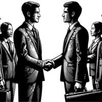 Black and white Illustration of a Handshake bewtween two Business Men in Suits vector