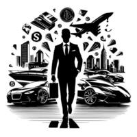 negro y blanco ilustración de un exitoso negocio hombre con dinero carros muchachas y lujo vector