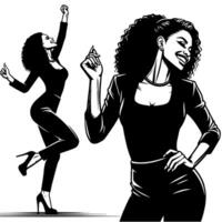 negro y blanco ilustración de un mujer en negocio traje es bailando y sacudida en un exitoso actitud vector