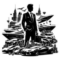 negro y blanco ilustración de un exitoso negocio hombre con dinero carros muchachas y lujo vector