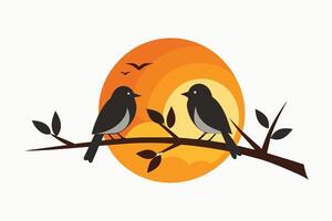 minimalista ilustración silueta dos aves en rama a puesta de sol vector