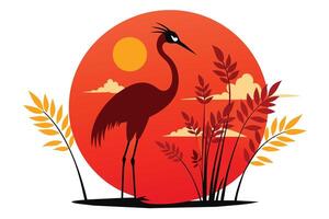 Red Crowned Crane Silhouette at Sunset Illustration vector