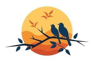 Minimalist Illustration Silhouetted two Birds on Branch at Sunset vector
