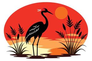 Red Crowned Crane Silhouette at Sunset Illustration vector