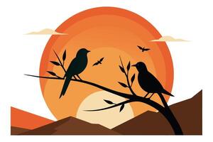 Minimalist Illustration Silhouetted two Birds on Branch at Sunset vector