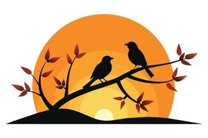 Minimalist Illustration Silhouetted two Birds on Branch at Sunset vector