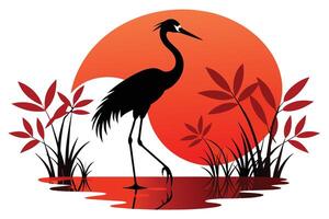 Red Crowned Crane Silhouette at Sunset Illustration vector