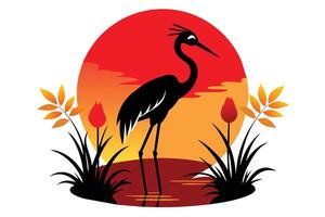 Red Crowned Crane Silhouette at Sunset Illustration vector