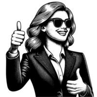 Black and White Illustration of a Woman in Business Suit is showing the Thumbs up Sign vector