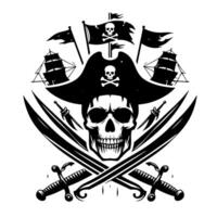 negro y blanco ilustración de pirata símbolo con espadas y sombrero vector