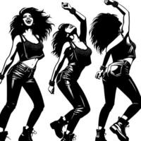 negro y blanco ilustración de un punk mujer es bailando y sacudida en un exitoso actitud vector