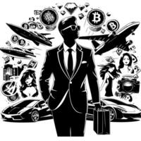 Black and white Illustration of a successful Business Man with Money Cars Girls and Luxus vector