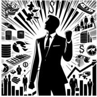 Black and white Illustration of a successful Business Man with Money Cars and Luxus vector