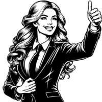 Black and White Illustration of a Woman in Business Suit is showing the Thumbs up Sign vector