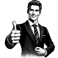 Black and White Illustration of a Man in Business Suit is showing the Thumbs up Sign vector