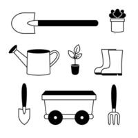 Set of gardening tools and plants line icons. Watering can, boots, shovel, rake. vector