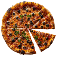 Freshly baked pizza with a cut slice on isolated transparent background png