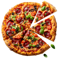 Freshly baked pizza with a cut slice on isolated transparent background png