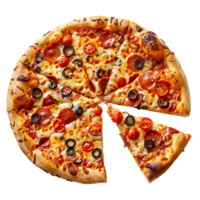Freshly baked pizza with a cut slice on isolated transparent background png