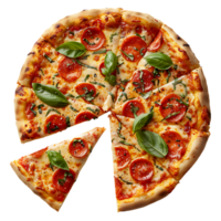 Freshly baked pizza with a cut slice on isolated transparent background png