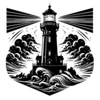 Black and White Illustration of a traditional old Lighthouse on the rocks vector