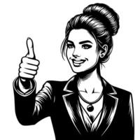 Black and White Illustration of a Woman in Business Suit is showing the Thumbs up Sign vector