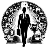 Black and white Illustration of a successful Business Man with Bitcoins Money Cars and Luxus vector