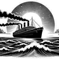 Black and White Illustration of a ocean liner at the sea vector