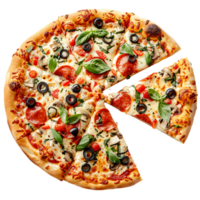 Freshly baked pizza with a cut slice on isolated transparent background png