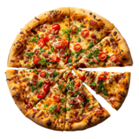 Freshly baked pizza with a cut slice on isolated transparent background png