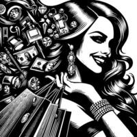 Black and white Illustration of a lucky luxurious Shopping Lady with Bags and Diamonds and Parfum vector