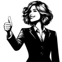 Black and White Illustration of a Woman in Business Suit is showing the Thumbs up Sign vector