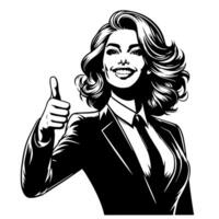 Black and White Illustration of a Woman in Business Suit is showing the Thumbs up Sign vector