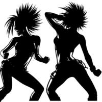 negro y blanco ilustración de un punk mujer es bailando y sacudida en un exitoso actitud vector