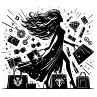 Black and white Illustration of a lucky luxurious Shopping Lady with Bags and Diamonds and Parfum vector