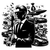 negro y blanco ilustración de un exitoso negocio hombre con dinero carros muchachas y lujo vector